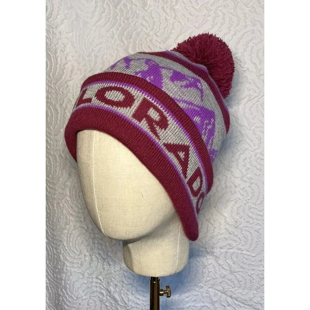 Colorado Beanie Pom Pom Maroon purple Acrylic One Size Fits Most - Picture 4 of 15